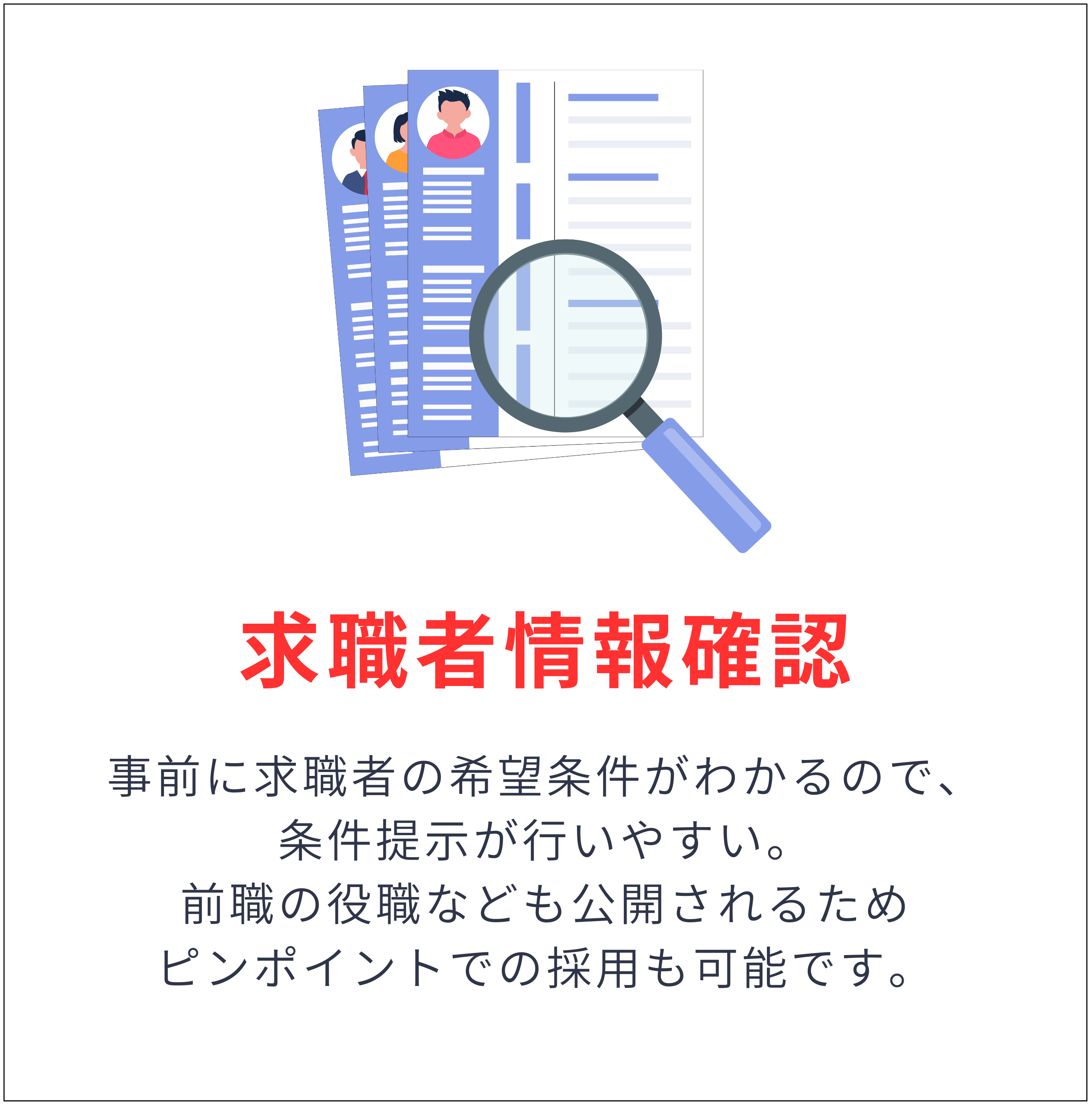 求職者情報確認 - 事前に求職者の希望条件がわかるので、条件提示が行いやすい。前職の役職なども公開されるためピンポイントでの採用も可能です。